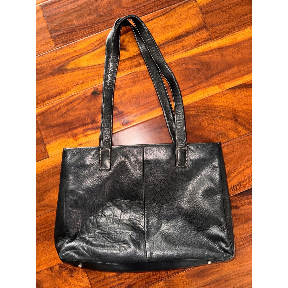 Perlina New York Y2K‎ Black Leather Triple Compartment Shoulder Bag Tote